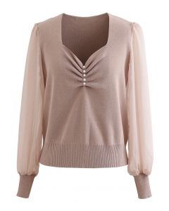 Sweetheart Neck Pearly Spliced Knit Top in Tan
