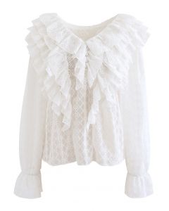 Tiered Ruffle Neck Embroidered Chiffon Top in White