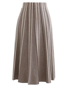 Dotted Pleated A-Line Midi Knit Skirt in Brown