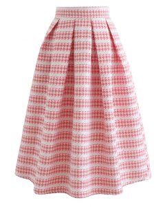 Embossed Houndstooth Sequined Pleated Skirt in Blush Pink