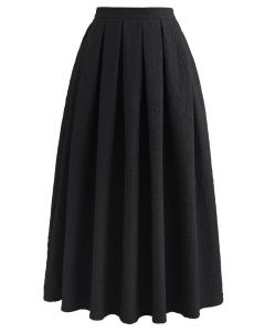 Carnation Embossed Satin Pleated Midi Skirt in Black