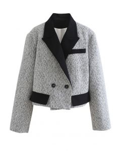 Cropped Pad Shoulder Tweed Blazer in White