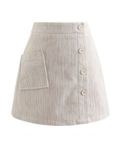Button Decorated Corduroy Mini Bud Skirt in Sand