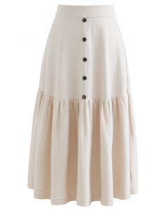 Frill Hem Button Decorated Knit Midi Skirt in Cream