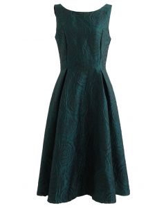 Rose Field Embossed Sleeveless Flare Dress in Emerald