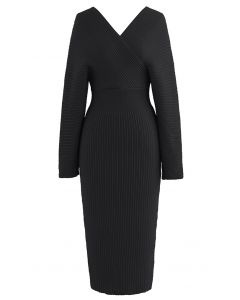 Long Sleeve Wrapped Bodycon Knit Midi Dress in Black