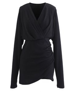 V-Neck Ruched Side Wrap Mini Knit Dress in Black