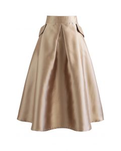 Exaggerated Pocket A-Line Pleated Skirt in Light Tan