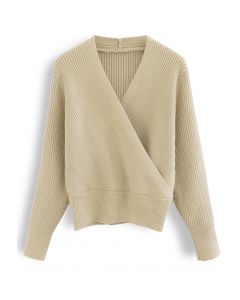 Tender Ribbed Knit Wrap Sweater in Light Tan