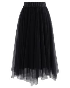 Reversible Shimmer Line Mesh Tulle Skirt in Black