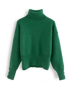 Turtleneck Button Trim Sweater in Green