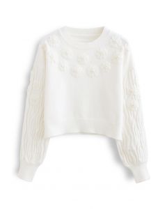 Wavy Sleeves Stitched Flower Knit Sweater in White