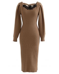 Lace Trim Puff Sleeve Bodycon Knit Dress in Caramel