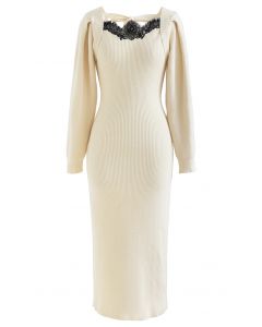 Lace Trim Puff Sleeve Bodycon Knit Dress in Cream