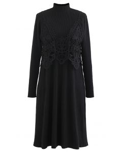 Crochet Mock Neck Knit Twinset Dress in Black
