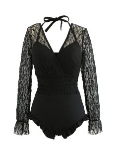 Lacy Long Sleeves Shirred  Ruffle Swimsuit in Black