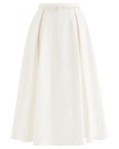 Reed Jacquard Embroidered Pearl Belted Skirt