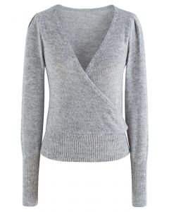 Lightweight Sequins Wrapped Knit Top in Grey