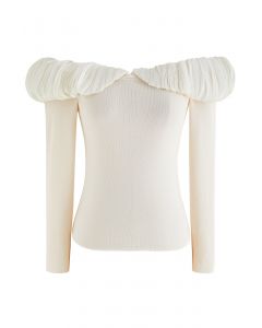 Spliced Ruched Off-Shoulder Knit Crop Top in Cream