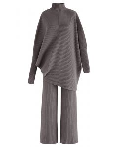 Asymmetric Batwing Sleeve Sweater and Pants Knit Set in Grey