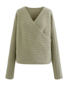 Long Sleeve V-Neck Wrapped Sweater in Moss Green