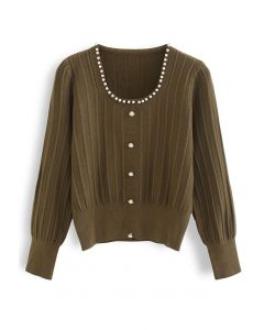 Pearly Neck Button Trim Knit Top in Moss Green