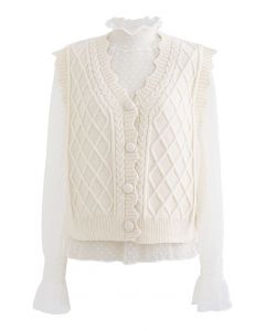 Lacy Dotted Top and Button Down Knit Vest Set in Cream