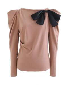 Mesh Bowknot Bubble Sleeve Top in Coral