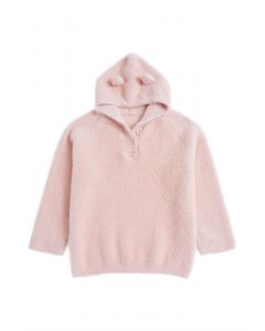 Kitty Cat Fuzzy Knit Hooded Sweater in Pink For Kids