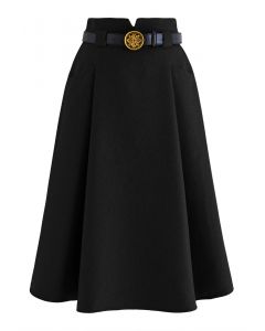 Belted Front Pocket Pleated Midi Skirt in Black