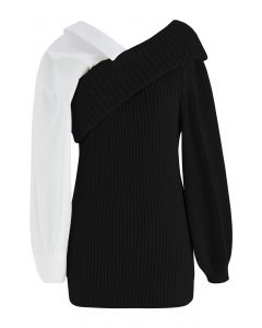 Splicing Folded Shoulder Rib Knit Sweater in Black