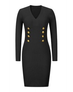 Decorous Gold Button Fitted Knit Dress in Black