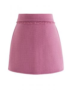 Fringe Trim Tweed Mini Bud Skirt in Pink