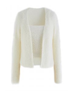 Extra Soft Fuzzy Knit Cami Top and Cardigan Set in Cream
