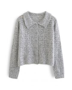 Hollow Out Collared Cropped Knit Cardigan in Grey