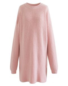 Crew Neck Rib Knit Sweater Dress in Pink