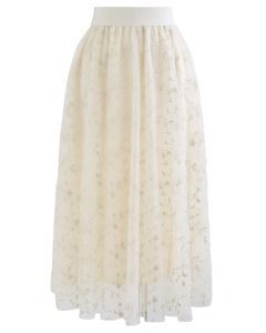 Embroidered Vine Flock Dots Mesh Midi Skirt in Cream