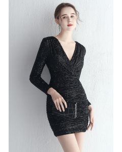 V-Neck Long Sleeves Sequins Cocktail Dress in Black