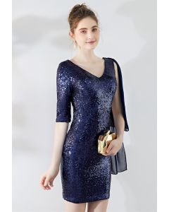V-Neck Chiffon Spliced Sequined Cocktail Dress in Navy
