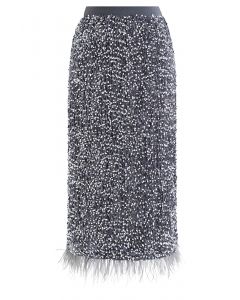 Velvet Sequined Feathered Hem Pencil Skirt in Grey