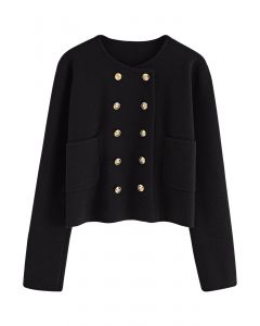 Front Pocket Double-Breasted Crop Cardigan in Black