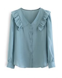 Collarless Ruffle Button Down Shirt in Turquoise