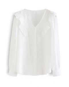Collarless Ruffle Button Down Shirt in White