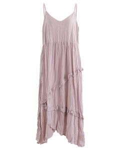 Ruched Frilly Asymmetric Hem Cami Dress in Pink