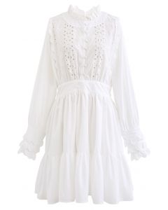Embroidered Floral Eyelet Frilling Dress in White