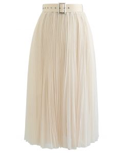 Full Pleated Double-Layered Mesh Midi Skirt in Cream