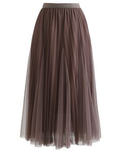 Pleated Panelled Mesh Tulle Maxi Skirt in Brown