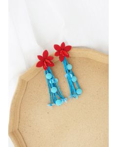 Red Flower Beaded Tassel Earrings