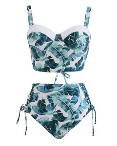 Leaf Print Lace-Up Back Bikini Set