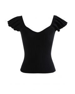 Flutter Sleeve Fitted Ribbed Knit Top in Black